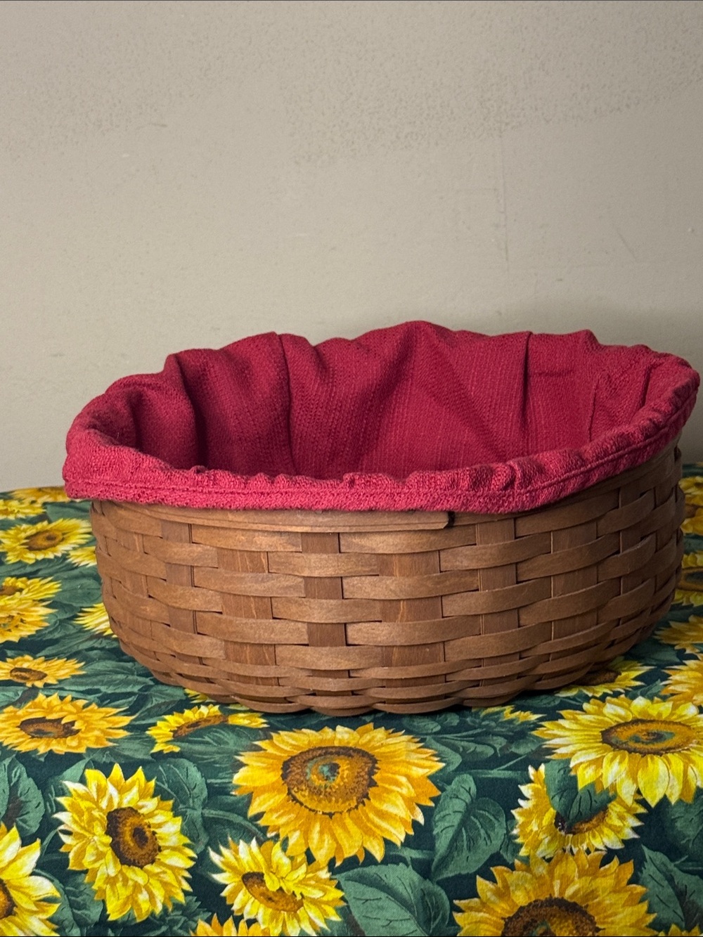 Handwoven Longaberger Wooden Basket with Red Fabric Liner